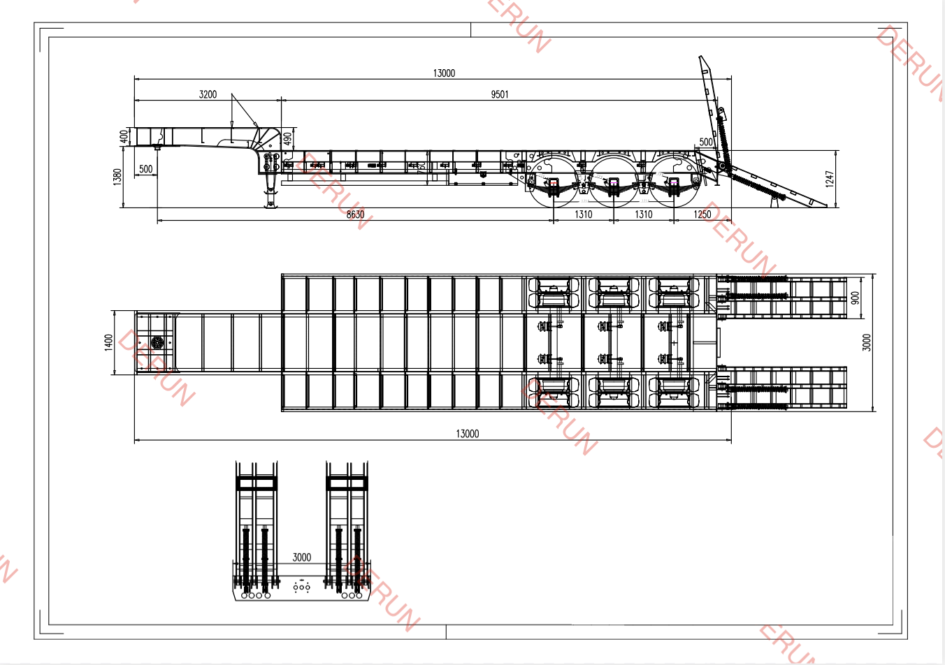 Ang pagguhit ng 3 axle lowbed semi trailer