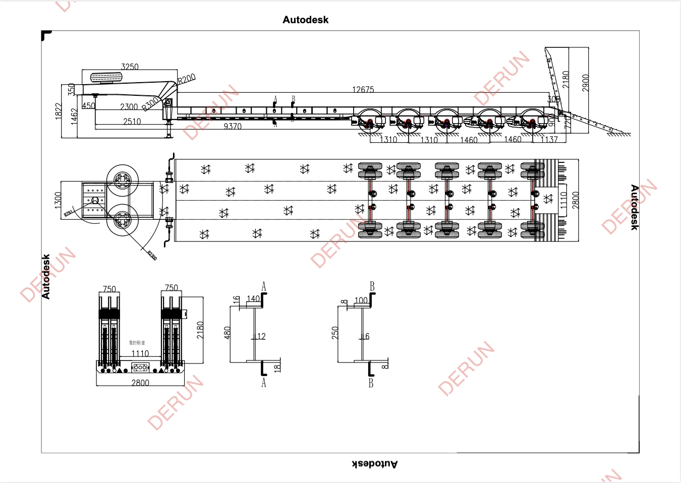 Ang pagguhit ng 5 axle lowbed semi trailer