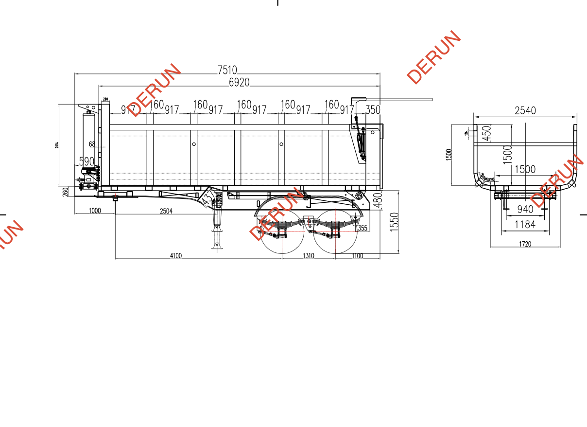 Ang pagguhit ng 2 axle rear dump semi trailer